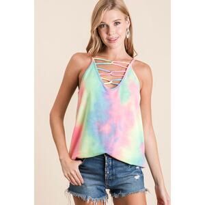006 BiBi Pastel Tie Dye Terry Caged Neck Knit Camisole Top